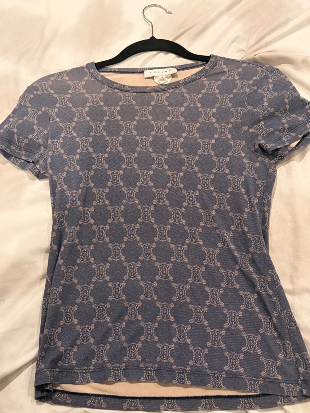 Celine Dusty Blue Allover Logo Short Sleeve Tee